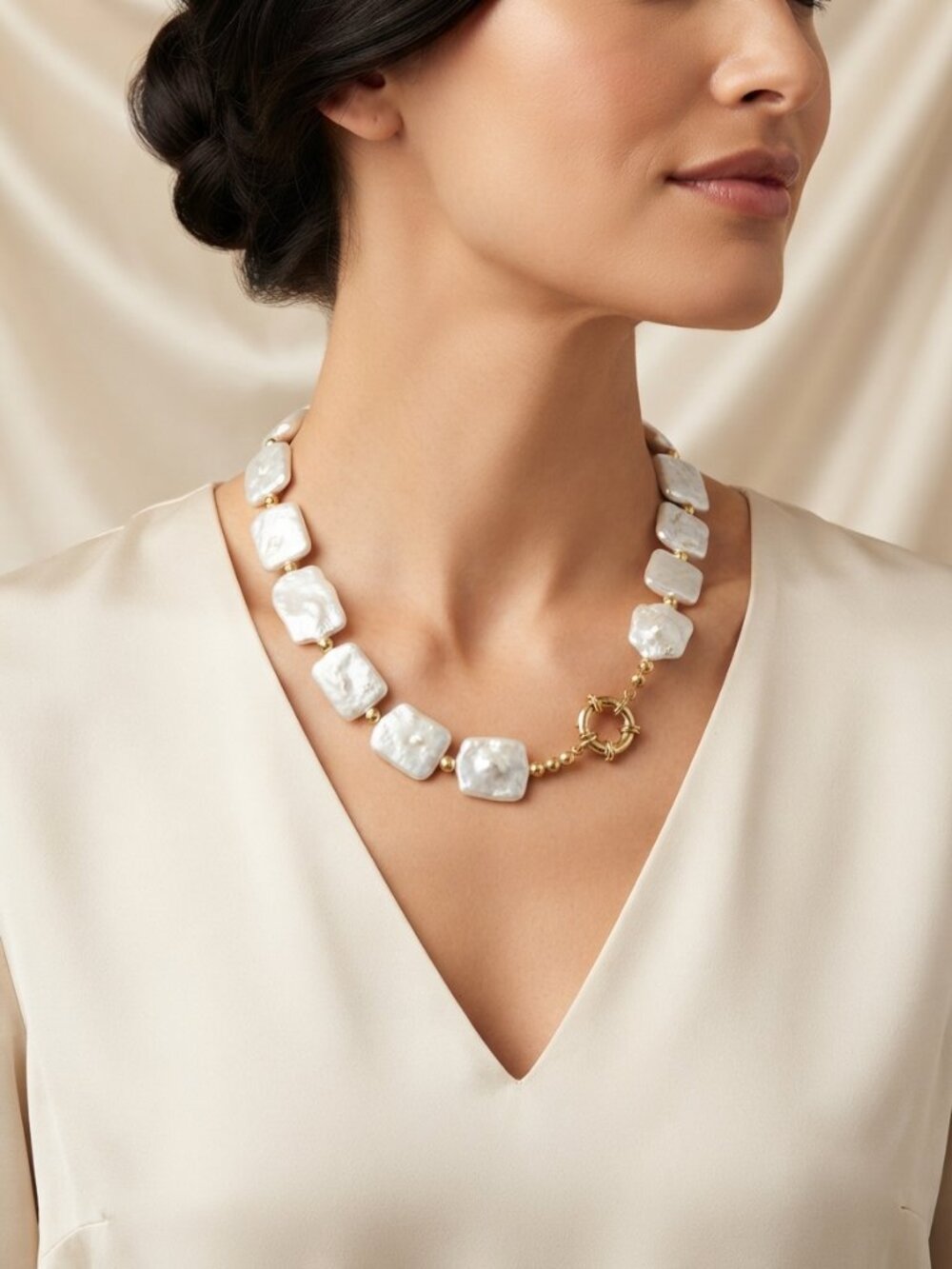 Baroque Pearl Statement Necklace Gold Accent Chunky Flat Pearl 20.5" Jewelry